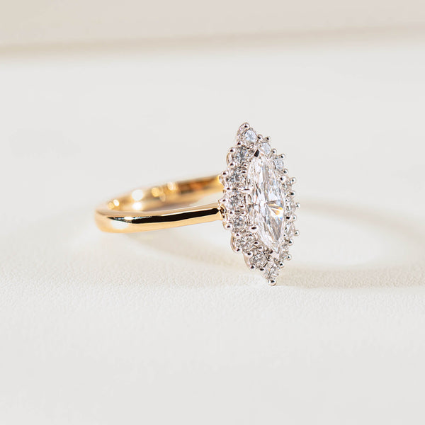 Marquise cut diamond Belle ring on neutral background