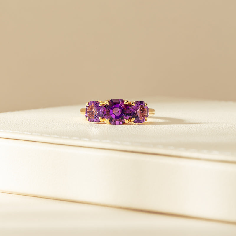 18ct Yellow Gold Three Stone Amethyst Octavia Ring-Ring-Walker & Hall