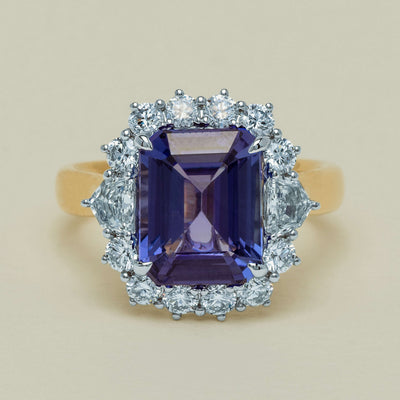 18ct Yellow Gold 4.35ct Tanzanite & Diamond Halo Ring - Ring - Walker & Hall