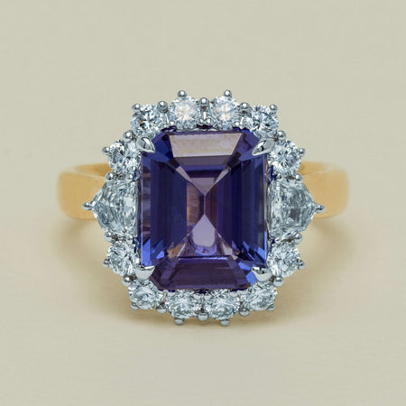 18ct Yellow Gold 4.35ct Tanzanite & Diamond Halo Ring - Ring - Walker & Hall