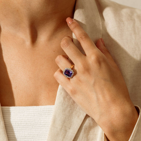 18ct Yellow Gold 4.35ct Tanzanite & Diamond Halo Ring - Ring - Walker & Hall