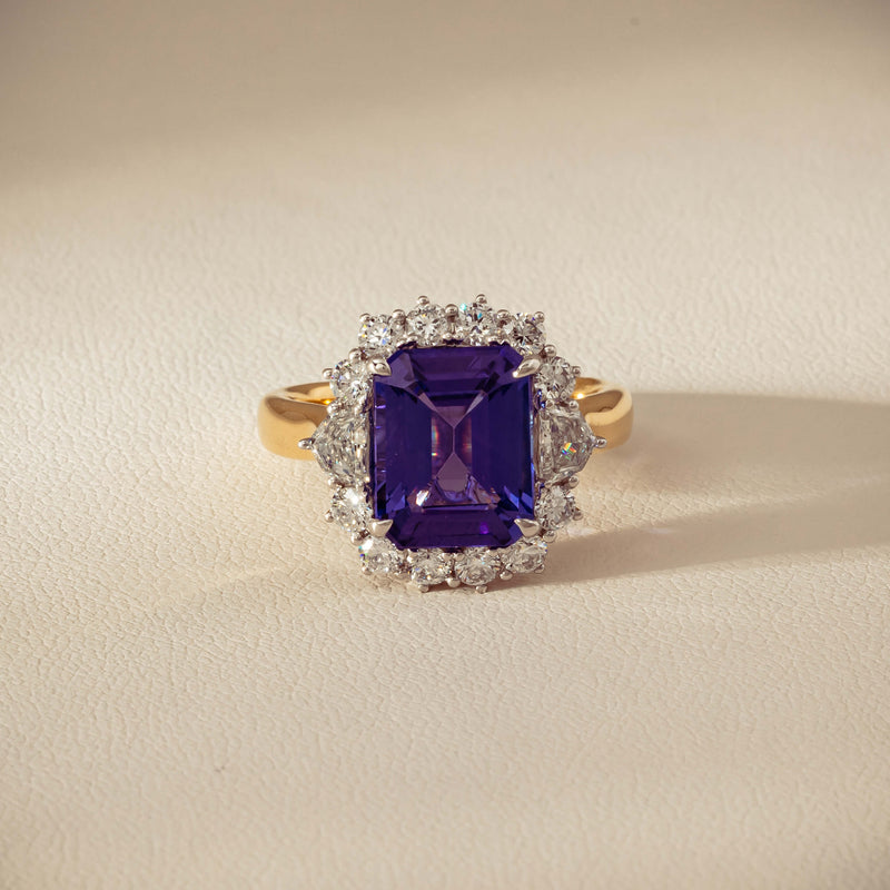 18ct Yellow Gold 4.35ct Tanzanite & Diamond Halo Ring - Ring - Walker & Hall