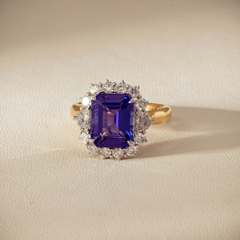 18ct Yellow Gold 4.35ct Tanzanite & Diamond Halo Ring - Ring - Walker & Hall