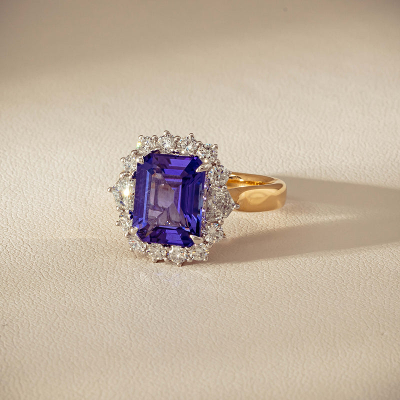 18ct Yellow Gold 4.35ct Tanzanite & Diamond Halo Ring - Ring - Walker & Hall