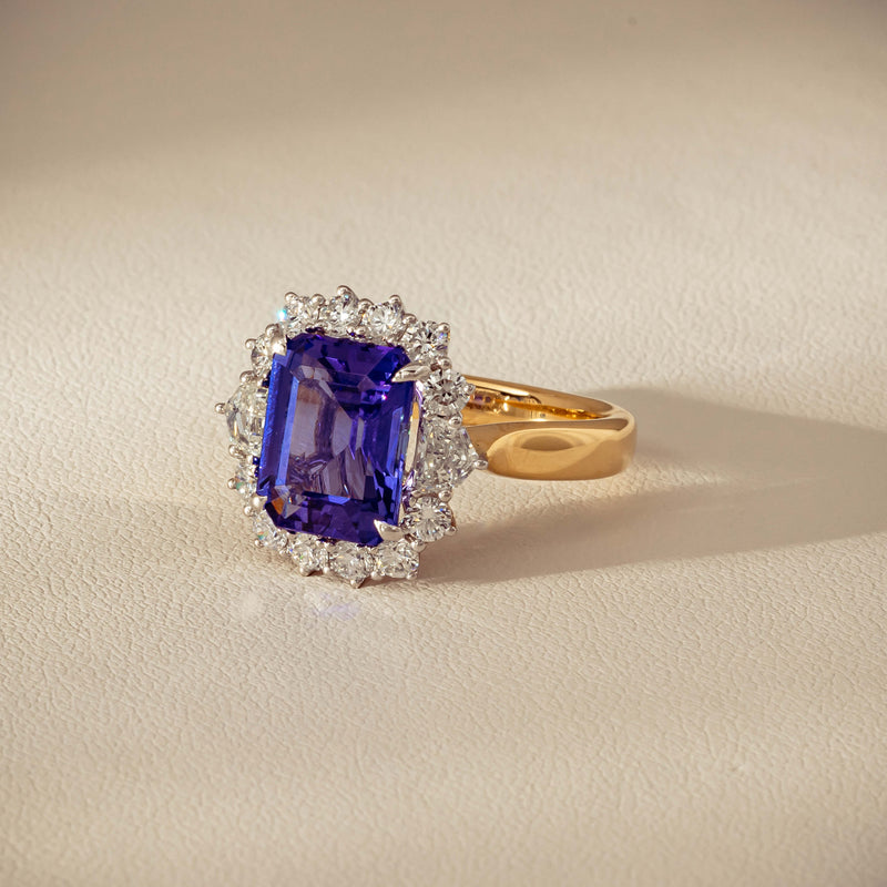 18ct Yellow Gold 4.35ct Tanzanite & Diamond Halo Ring - Ring - Walker & Hall