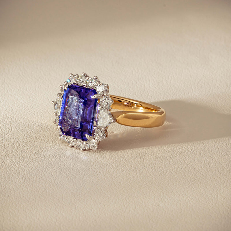18ct Yellow Gold 4.35ct Tanzanite & Diamond Halo Ring - Ring - Walker & Hall