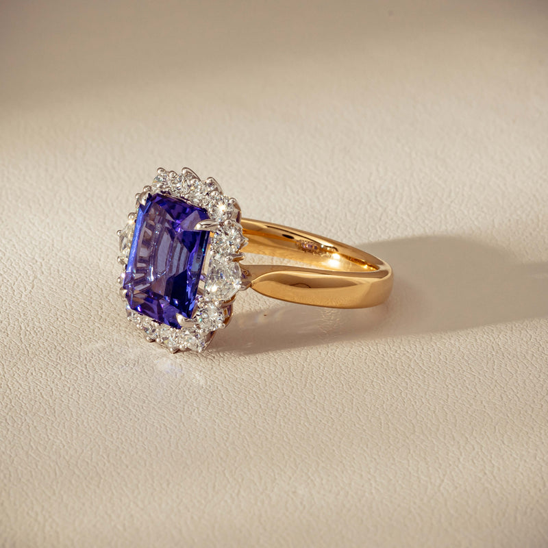 18ct Yellow Gold 4.35ct Tanzanite & Diamond Halo Ring - Ring - Walker & Hall