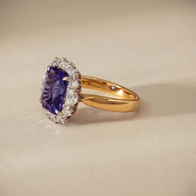 18ct Yellow Gold 4.35ct Tanzanite & Diamond Halo Ring - Ring - Walker & Hall