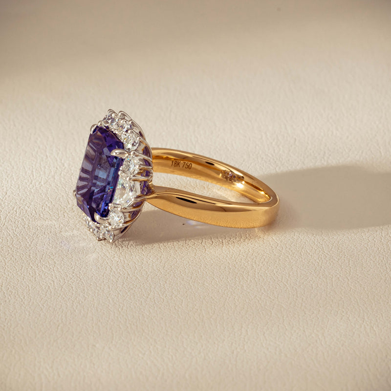 18ct Yellow Gold 4.35ct Tanzanite & Diamond Halo Ring - Ring - Walker & Hall