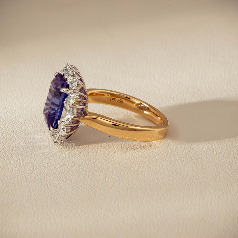 18ct Yellow Gold 4.35ct Tanzanite & Diamond Halo Ring - Ring - Walker & Hall