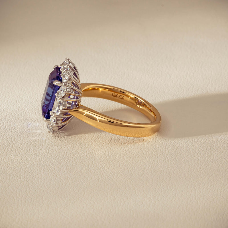 18ct Yellow Gold 4.35ct Tanzanite & Diamond Halo Ring - Ring - Walker & Hall