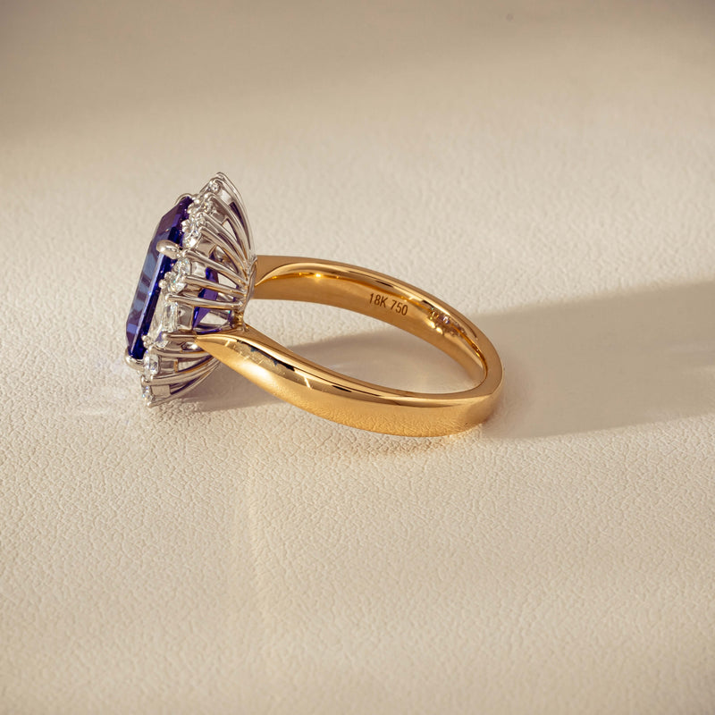 18ct Yellow Gold 4.35ct Tanzanite & Diamond Halo Ring - Ring - Walker & Hall
