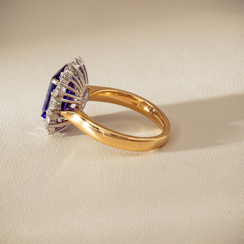 18ct Yellow Gold 4.35ct Tanzanite & Diamond Halo Ring - Ring - Walker & Hall