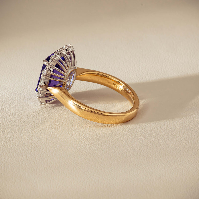 18ct Yellow Gold 4.35ct Tanzanite & Diamond Halo Ring - Ring - Walker & Hall
