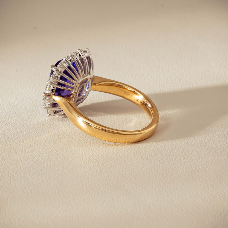 18ct Yellow Gold 4.35ct Tanzanite & Diamond Halo Ring - Ring - Walker & Hall