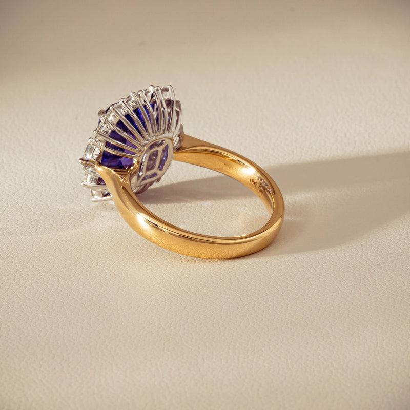 18ct Yellow Gold 4.35ct Tanzanite & Diamond Halo Ring - Ring - Walker & Hall