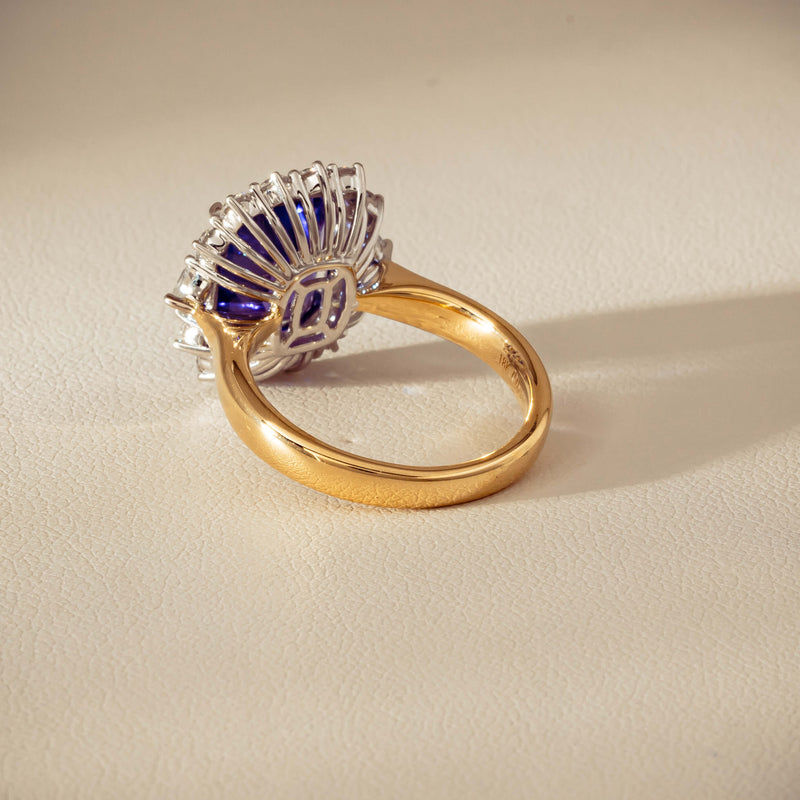 18ct Yellow Gold 4.35ct Tanzanite & Diamond Halo Ring - Ring - Walker & Hall