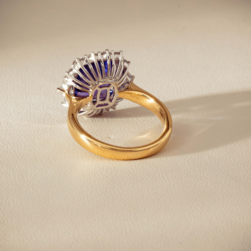 18ct Yellow Gold 4.35ct Tanzanite & Diamond Halo Ring - Ring - Walker & Hall