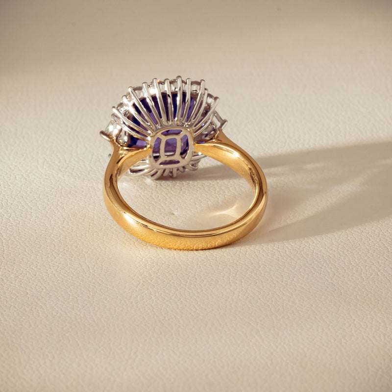 18ct Yellow Gold 4.35ct Tanzanite & Diamond Halo Ring - Ring - Walker & Hall