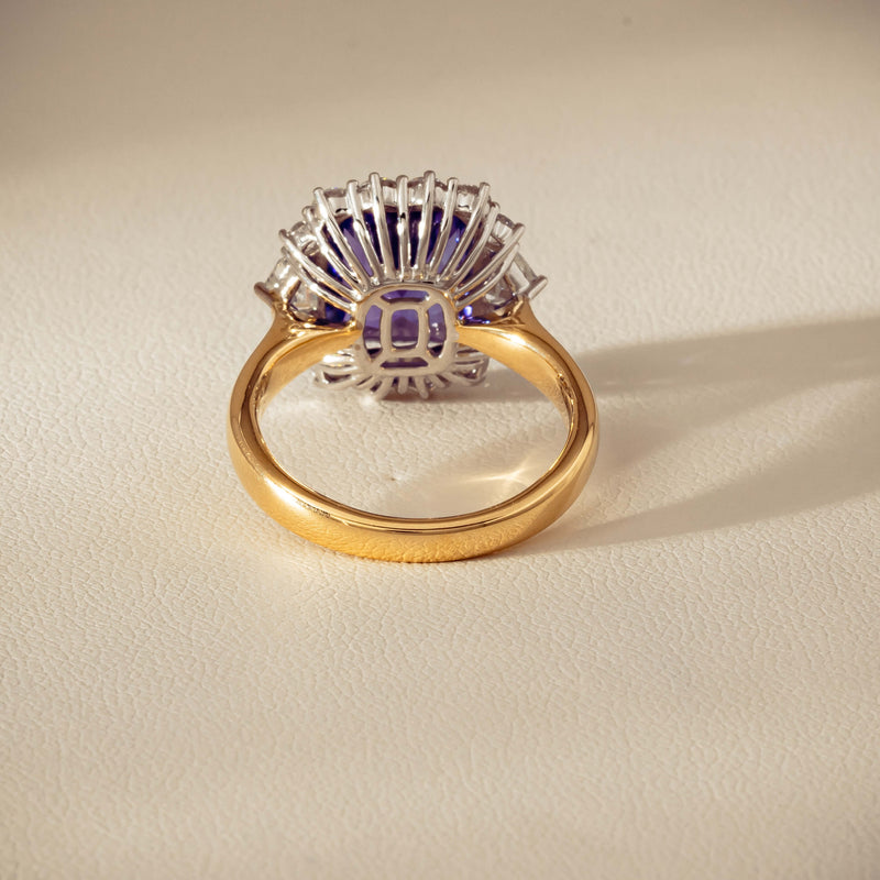 18ct Yellow Gold 4.35ct Tanzanite & Diamond Halo Ring - Ring - Walker & Hall