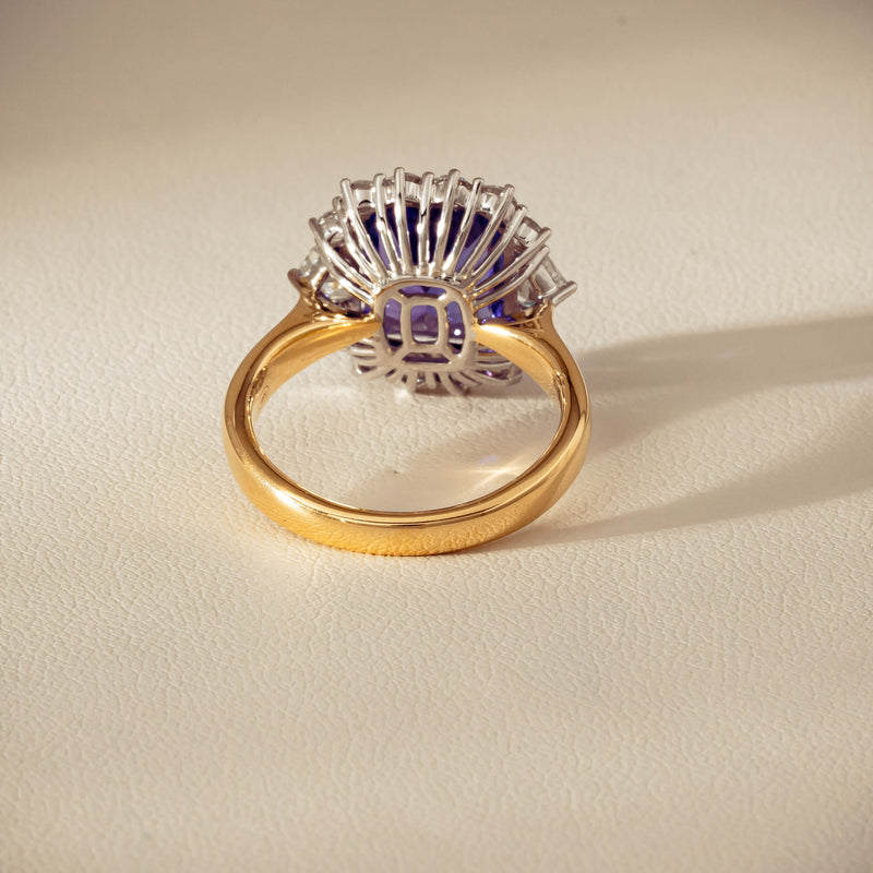 18ct Yellow Gold 4.35ct Tanzanite & Diamond Halo Ring - Ring - Walker & Hall