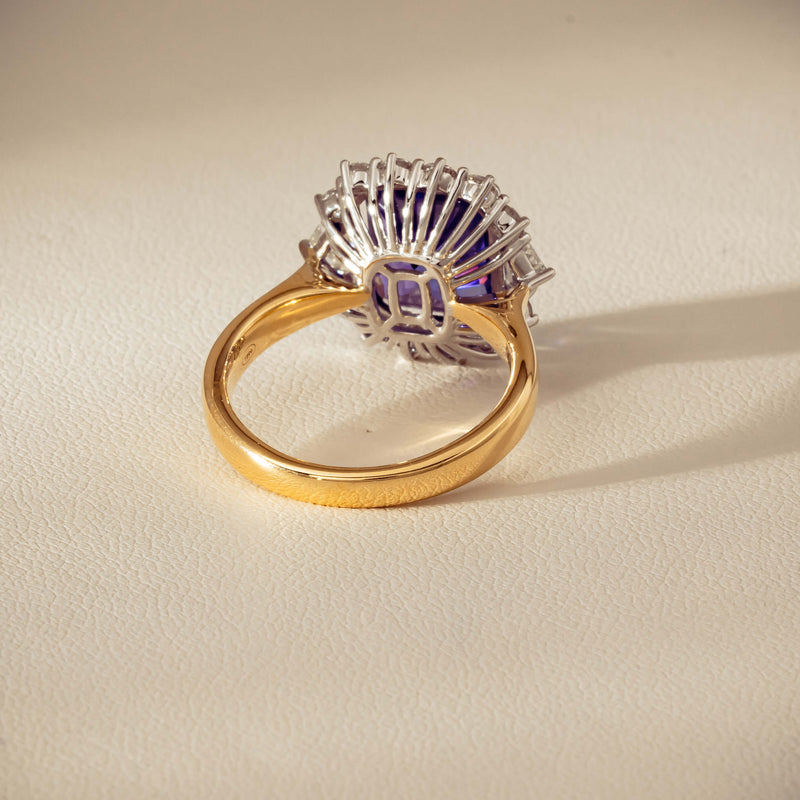 18ct Yellow Gold 4.35ct Tanzanite & Diamond Halo Ring - Ring - Walker & Hall