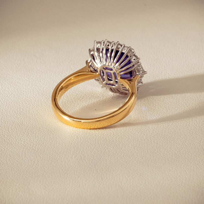 18ct Yellow Gold 4.35ct Tanzanite & Diamond Halo Ring - Ring - Walker & Hall