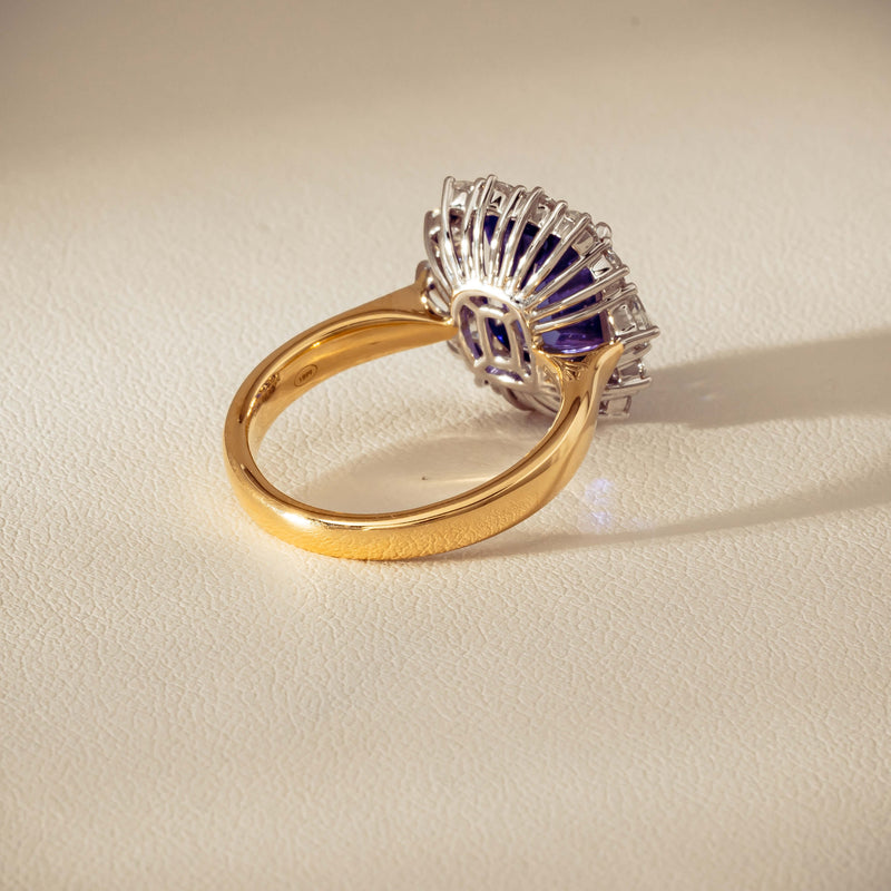 18ct Yellow Gold 4.35ct Tanzanite & Diamond Halo Ring - Ring - Walker & Hall