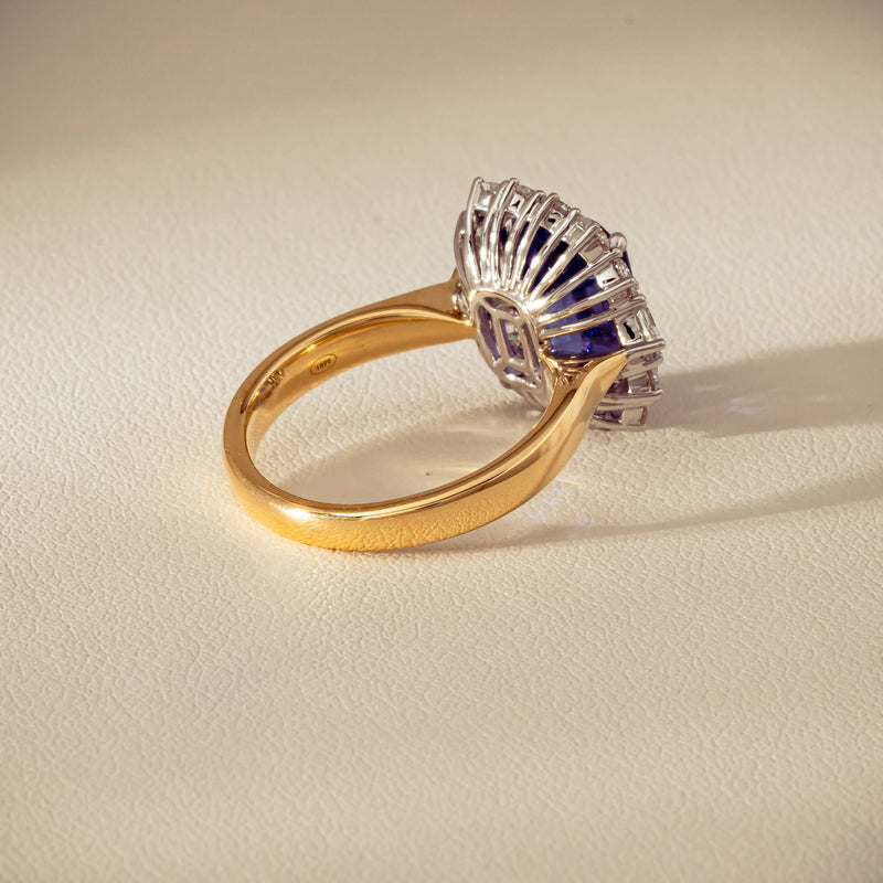 18ct Yellow Gold 4.35ct Tanzanite & Diamond Halo Ring - Ring - Walker & Hall
