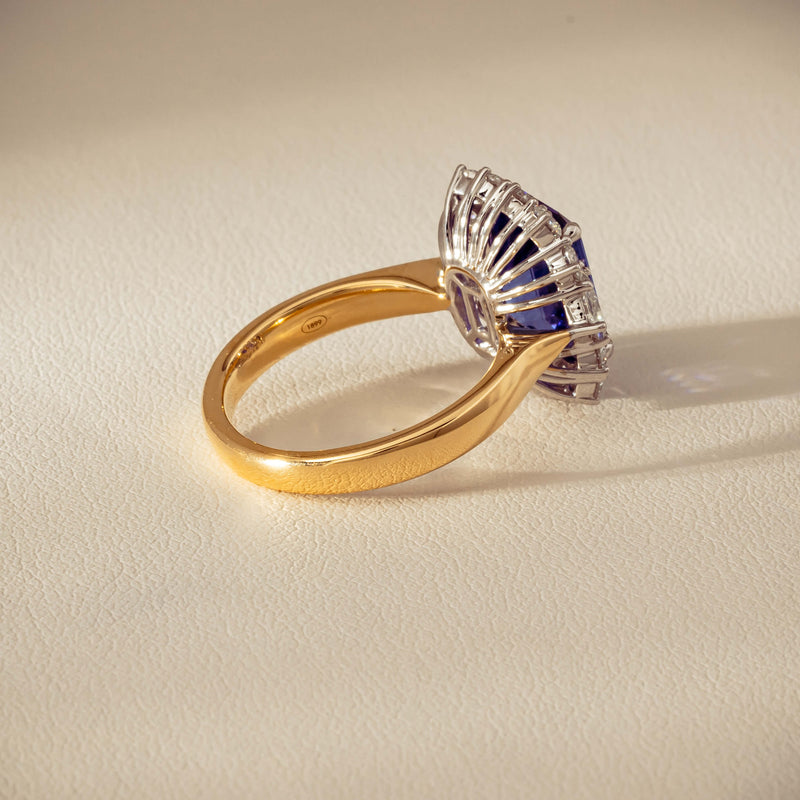 18ct Yellow Gold 4.35ct Tanzanite & Diamond Halo Ring - Ring - Walker & Hall
