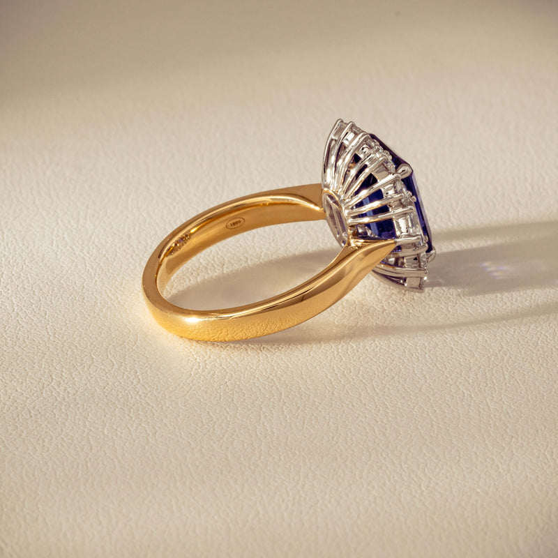 18ct Yellow Gold 4.35ct Tanzanite & Diamond Halo Ring - Ring - Walker & Hall