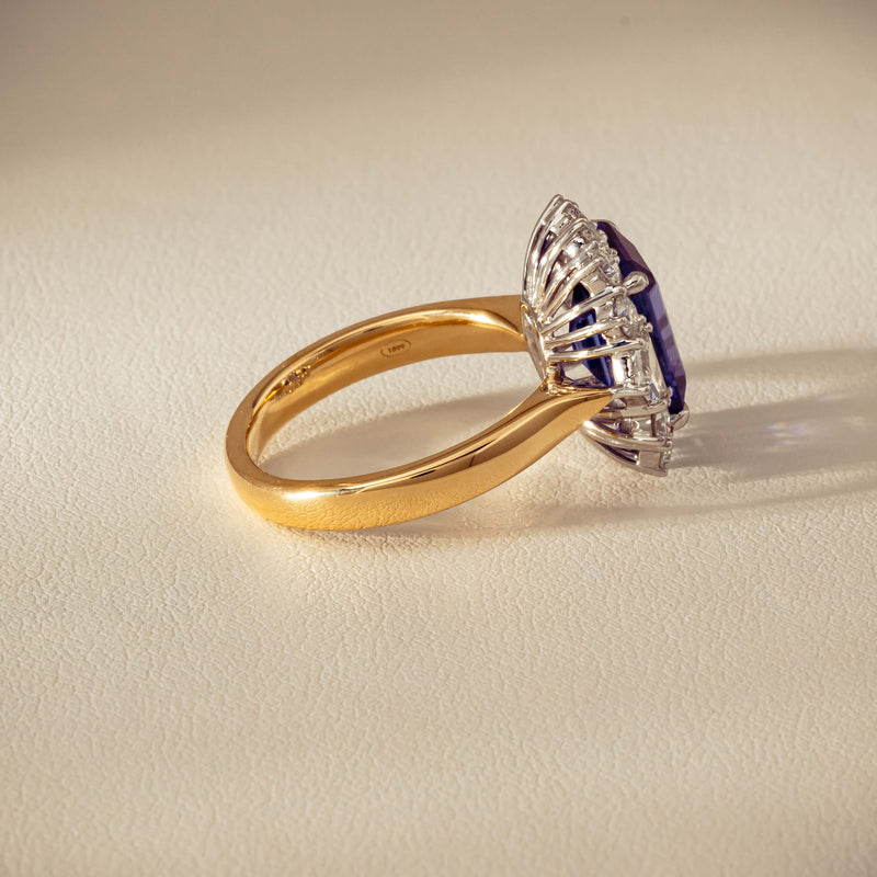 18ct Yellow Gold 4.35ct Tanzanite & Diamond Halo Ring - Ring - Walker & Hall