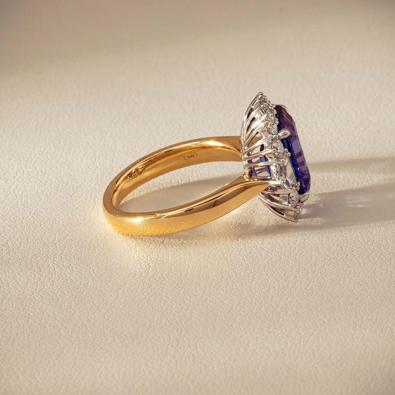18ct Yellow Gold 4.35ct Tanzanite & Diamond Halo Ring - Ring - Walker & Hall