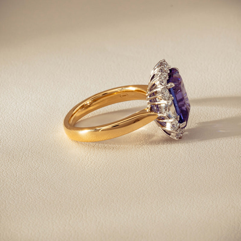 18ct Yellow Gold 4.35ct Tanzanite & Diamond Halo Ring - Ring - Walker & Hall