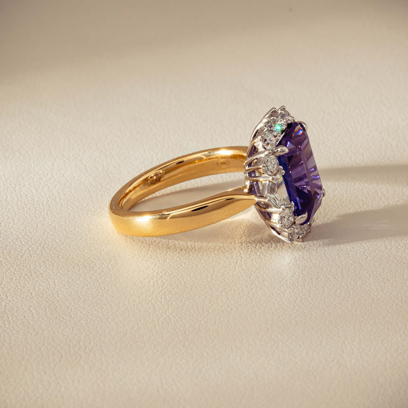 18ct Yellow Gold 4.35ct Tanzanite & Diamond Halo Ring - Ring - Walker & Hall