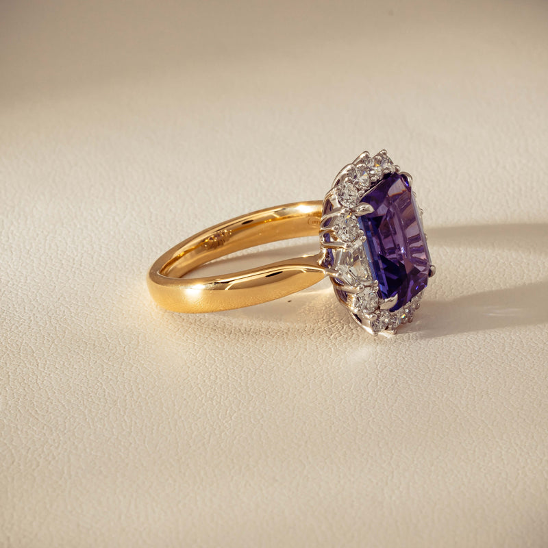 18ct Yellow Gold 4.35ct Tanzanite & Diamond Halo Ring - Ring - Walker & Hall