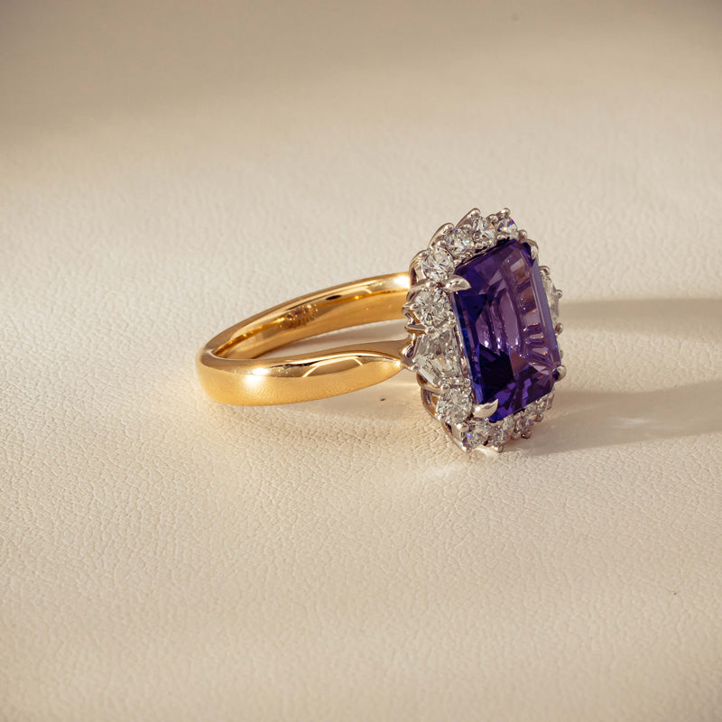 18ct Yellow Gold 4.35ct Tanzanite & Diamond Halo Ring - Ring - Walker & Hall