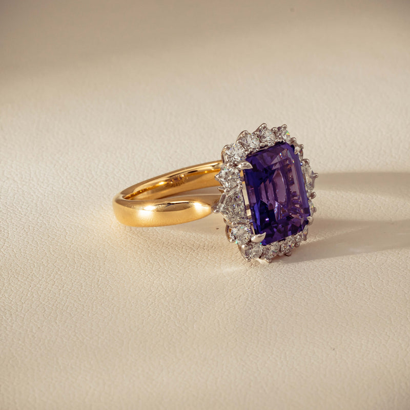 18ct Yellow Gold 4.35ct Tanzanite & Diamond Halo Ring - Ring - Walker & Hall