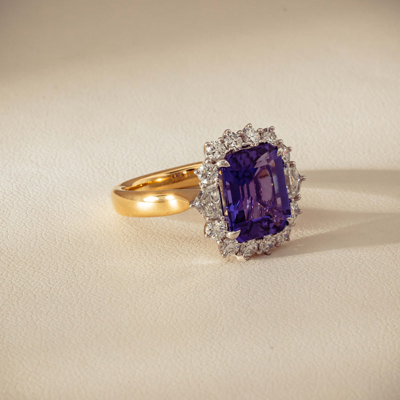 18ct Yellow Gold 4.35ct Tanzanite & Diamond Halo Ring - Ring - Walker & Hall