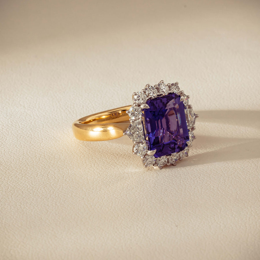 18ct Yellow Gold 4.35ct Tanzanite & Diamond Halo Ring - Ring - Walker & Hall