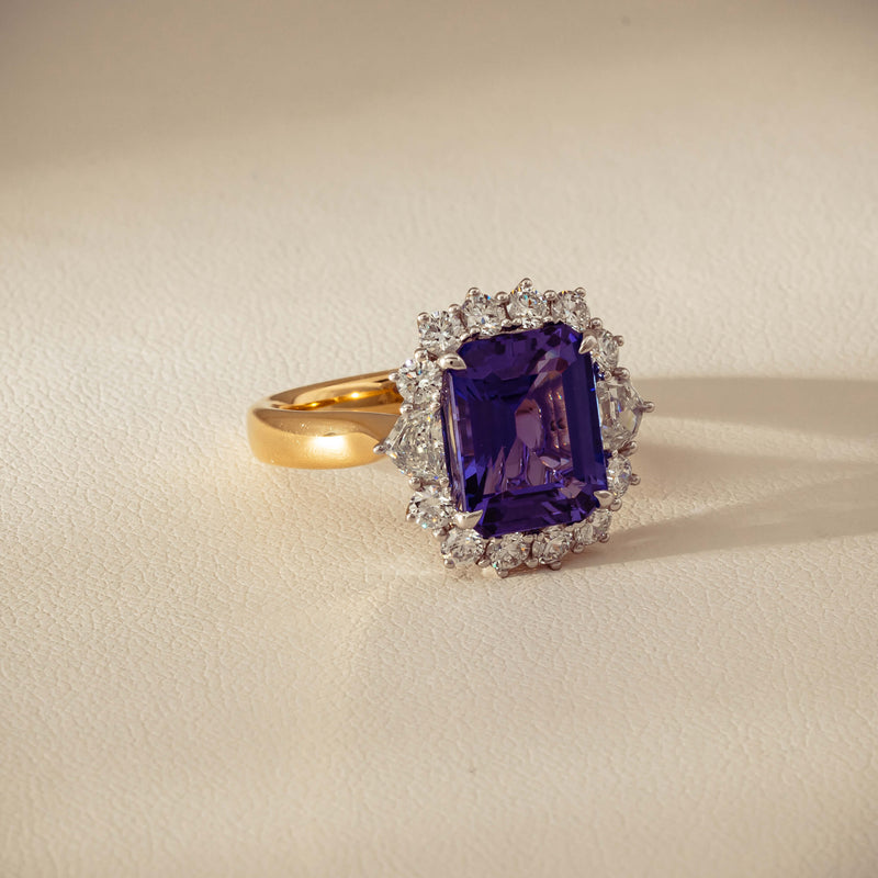 18ct Yellow Gold 4.35ct Tanzanite & Diamond Halo Ring - Ring - Walker & Hall