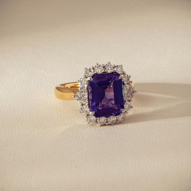18ct Yellow Gold 4.35ct Tanzanite & Diamond Halo Ring - Ring - Walker & Hall