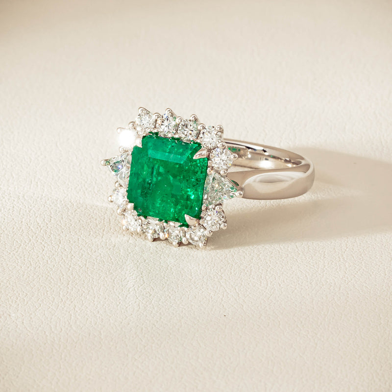 18ct White Gold 3.41ct Emerald & Diamond Cluster Ring - Ring - Walker & Hall