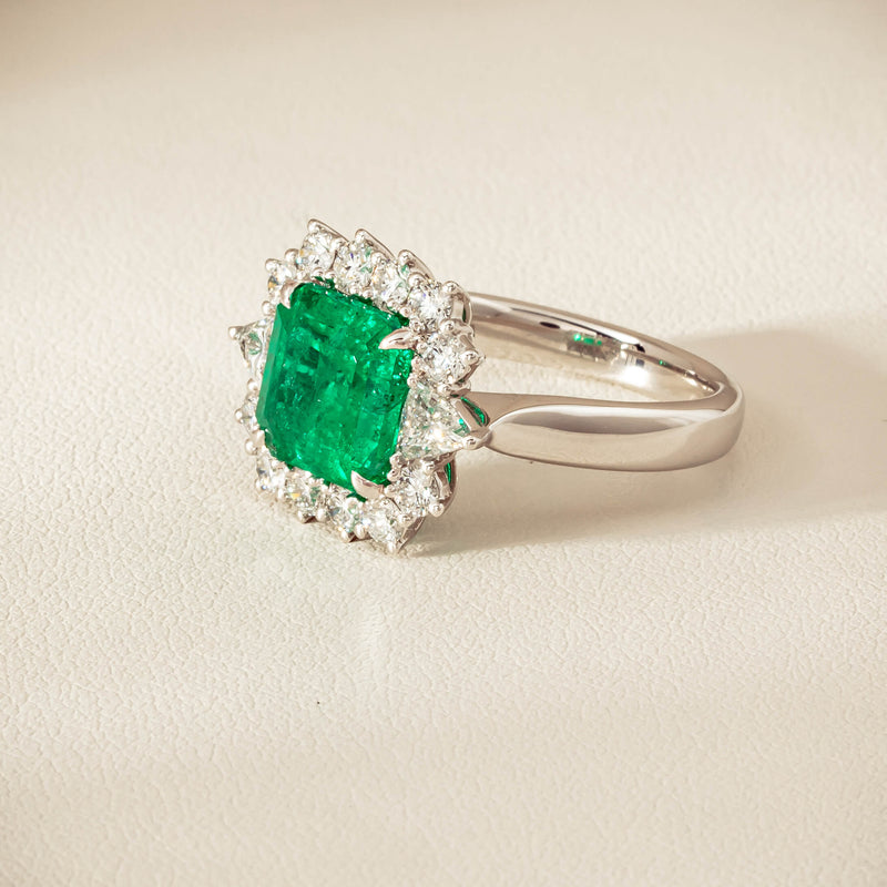 18ct White Gold 3.41ct Emerald & Diamond Cluster Ring - Ring - Walker & Hall