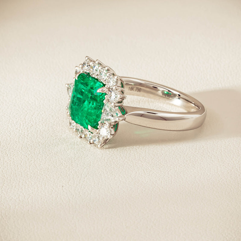 18ct White Gold 3.41ct Emerald & Diamond Cluster Ring - Ring - Walker & Hall