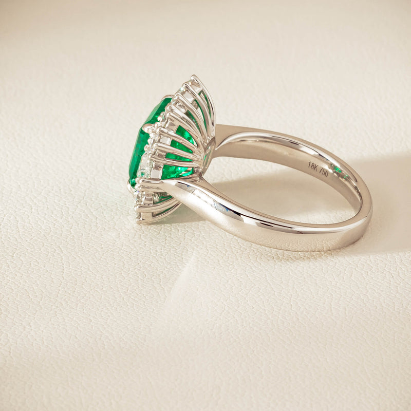 18ct White Gold 3.41ct Emerald & Diamond Cluster Ring - Ring - Walker & Hall