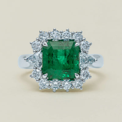 18ct White Gold 3.41ct Emerald & Diamond Cluster Ring - Ring - Walker & Hall