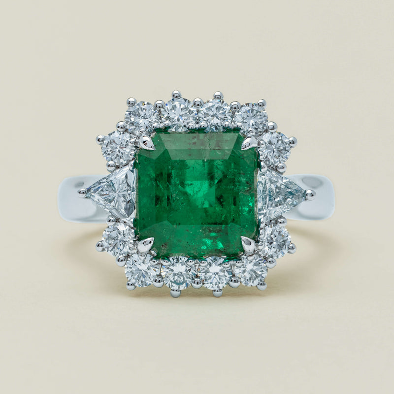 18ct White Gold 3.41ct Emerald & Diamond Cluster Ring - Ring - Walker & Hall