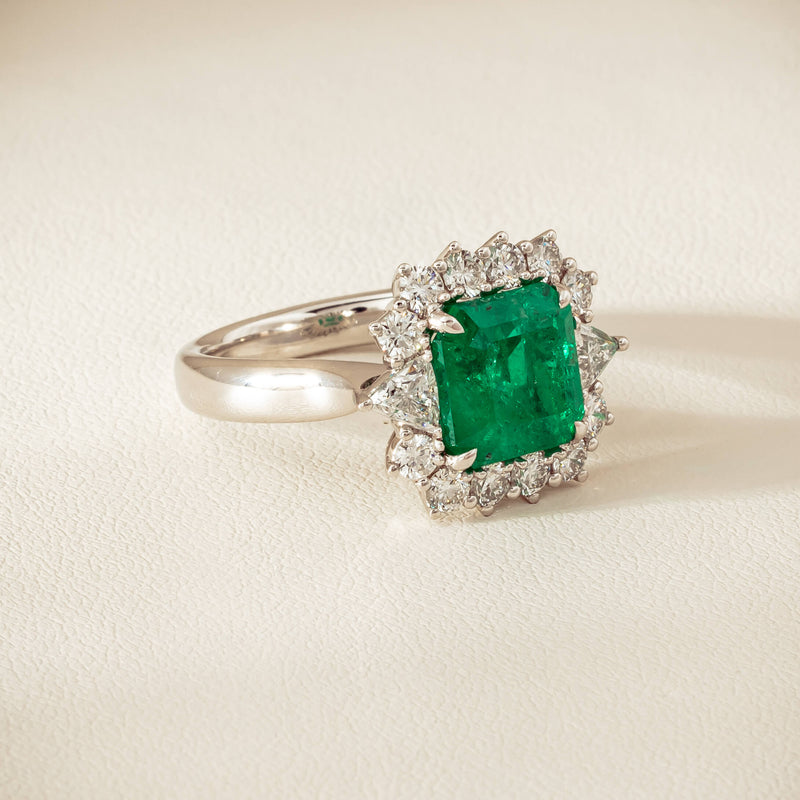 18ct White Gold 3.41ct Emerald & Diamond Cluster Ring - Ring - Walker & Hall