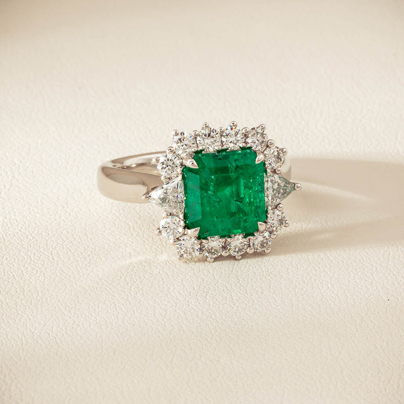 18ct White Gold 3.41ct Emerald & Diamond Cluster Ring - Ring - Walker & Hall